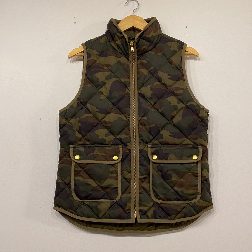 J.Crew Excursion Quilted Camo Vest Women Medium Green Camouflage Full Zip Puffer